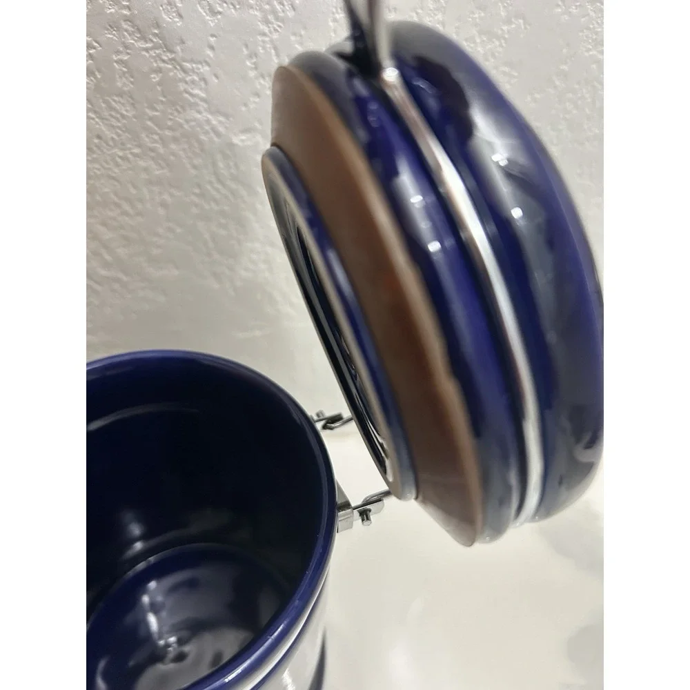 Vintage Cobalt Blue Coffee  Ceramic Canister Stainless Lock Airtight 6.75